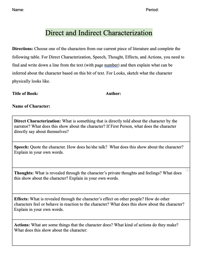 Direct and Indirect Characterization – Outside Reading Book Journal